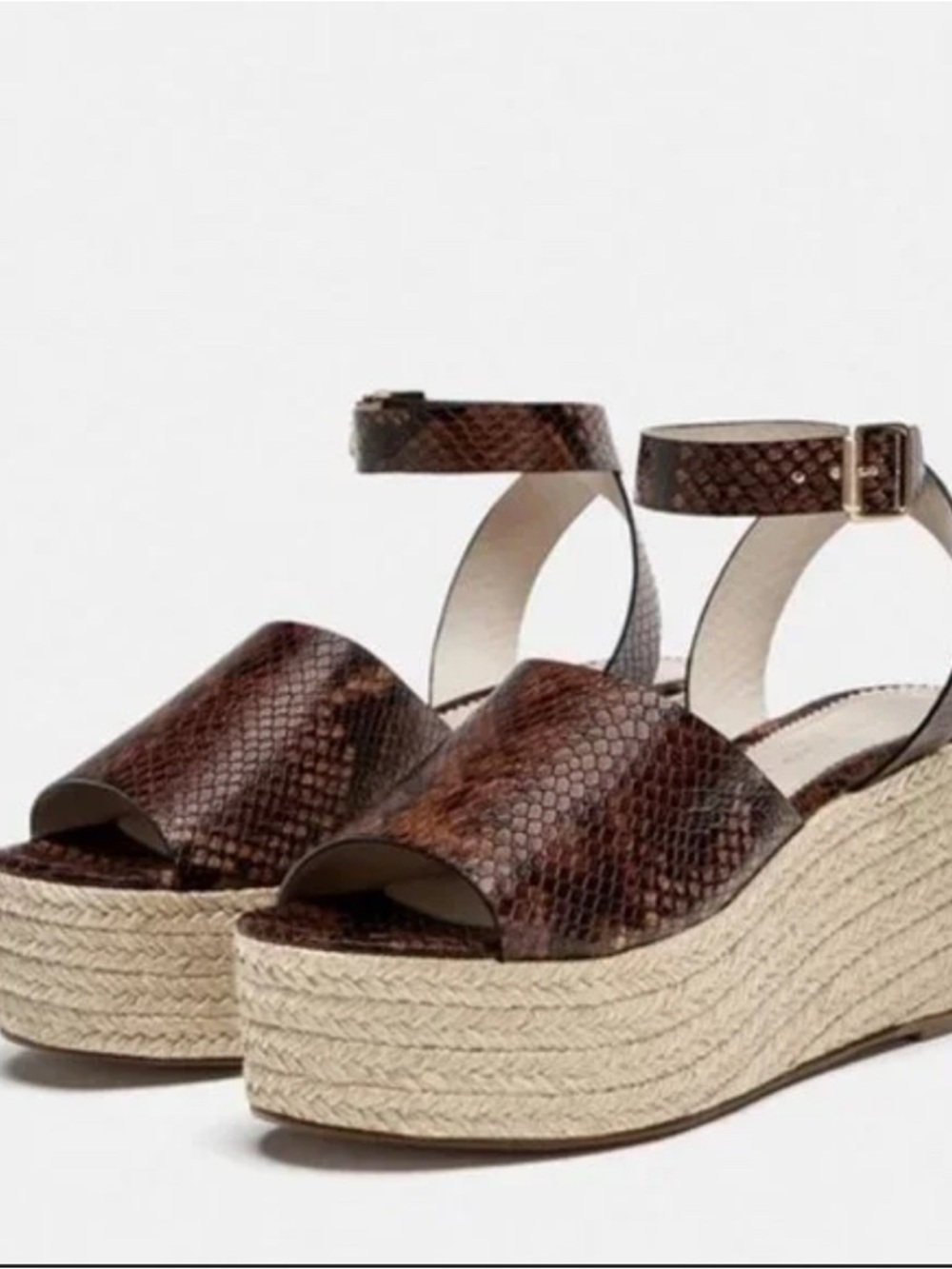 Zara Brown Snake-Print Espadrille Platform Sandals